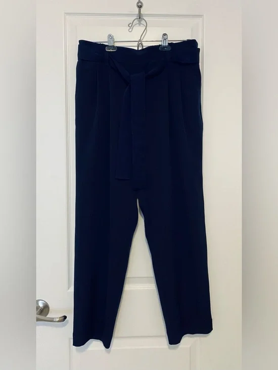 LOFT Navy Tie-Belt High-Rise Tapered Leg Trousers - Picture 4 of 10